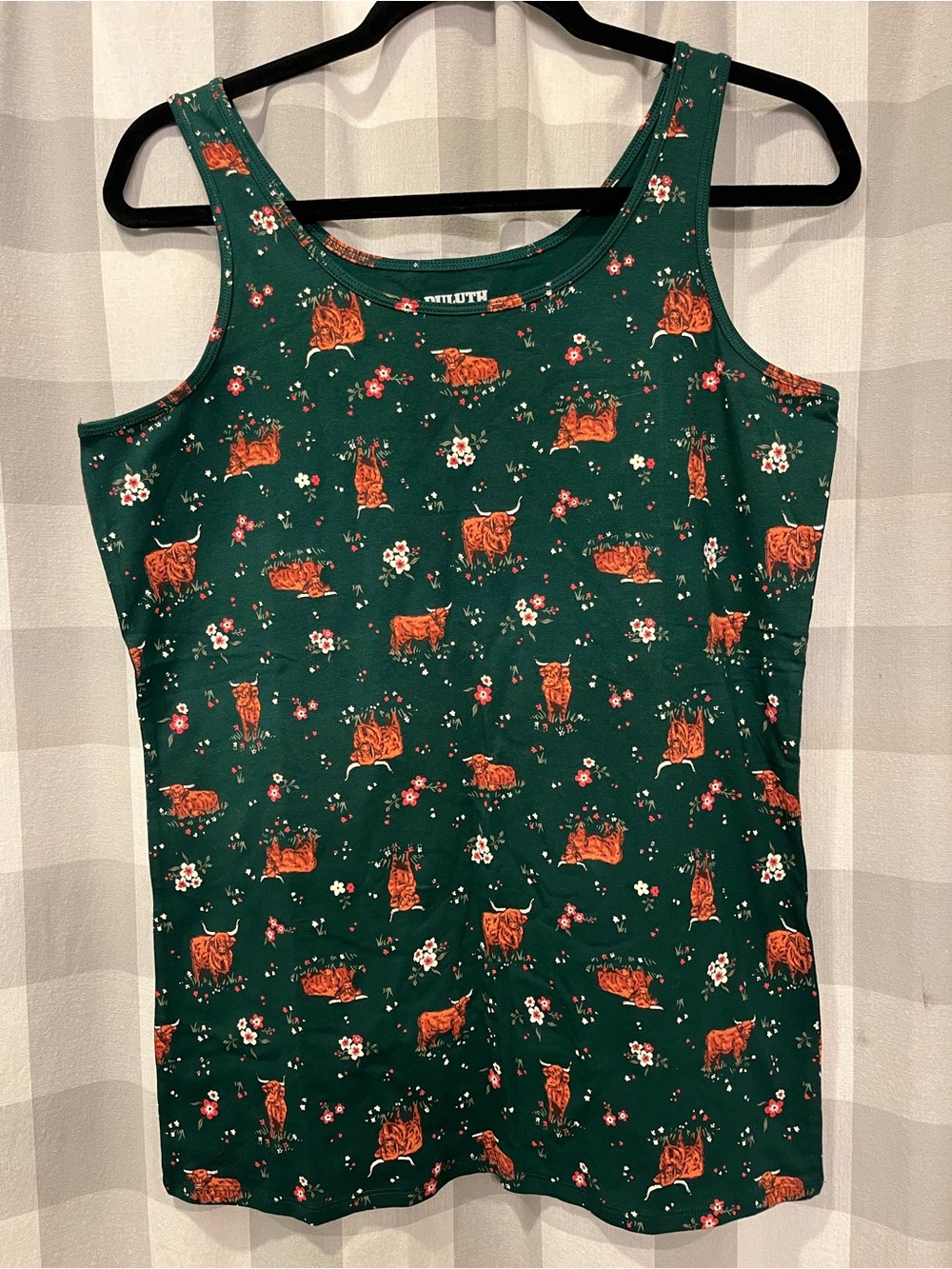 Duluth Trading Co Green Tank with Highland Cow & Floral Print